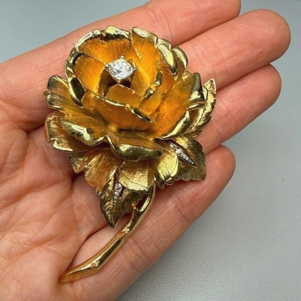 Vintage Marcel Boucher Gold Tone Rose Flower Brooch Signed 8085P MCM Statement